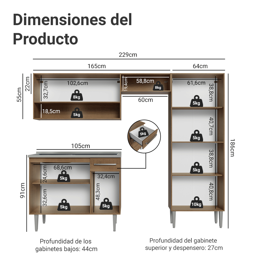 Cocina Integral Emilly 229 cm con Mesón de Acero 10 Marrón Madesa