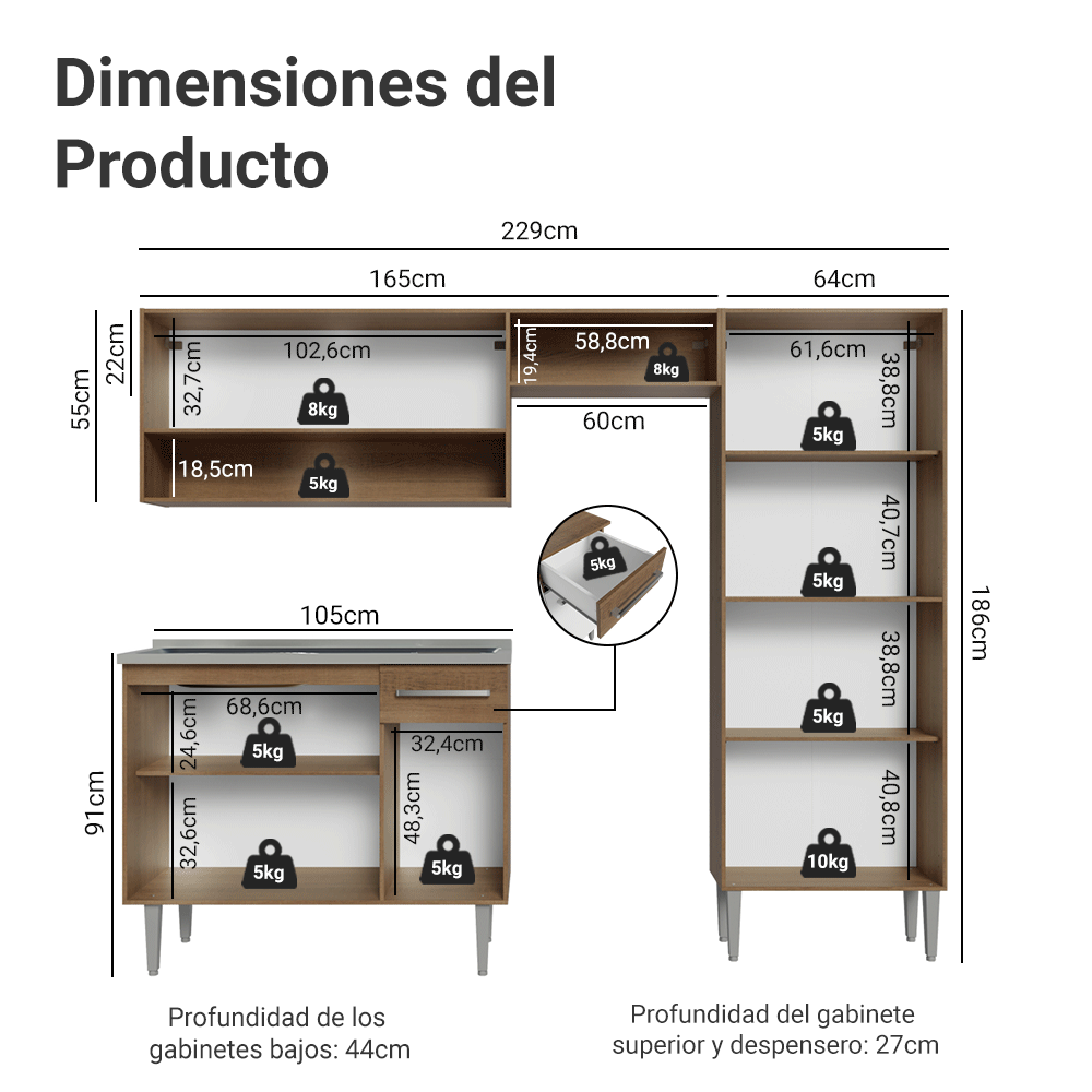 Cocina Integral Emilly 2.30 m con Mesón de Acero 10