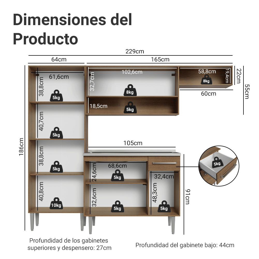 Cocina Integral Emilly 2.30 m con Mesón de Acero 12