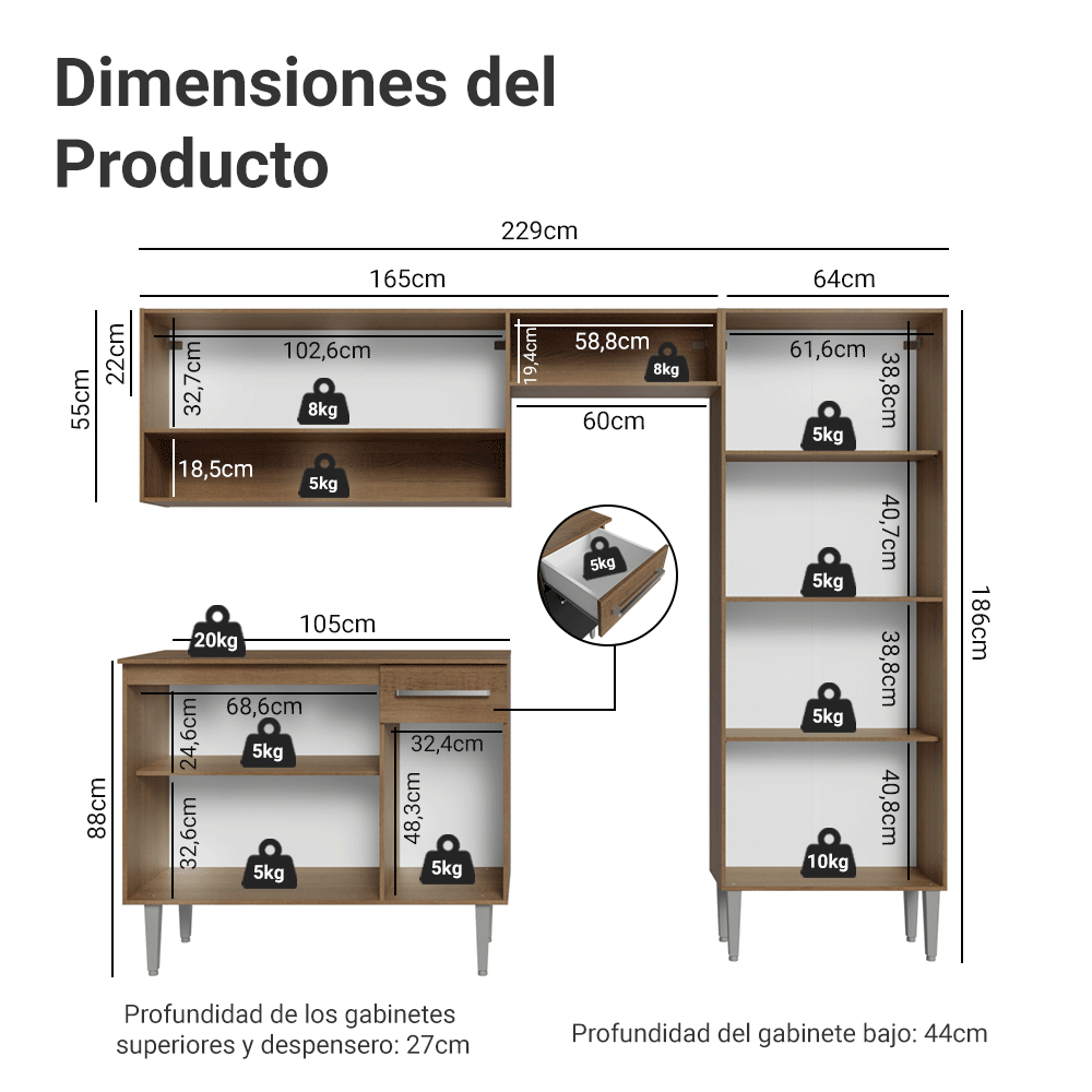 Cocina Integral Emilly 2.30 Metros Marrón/Blanco 17
