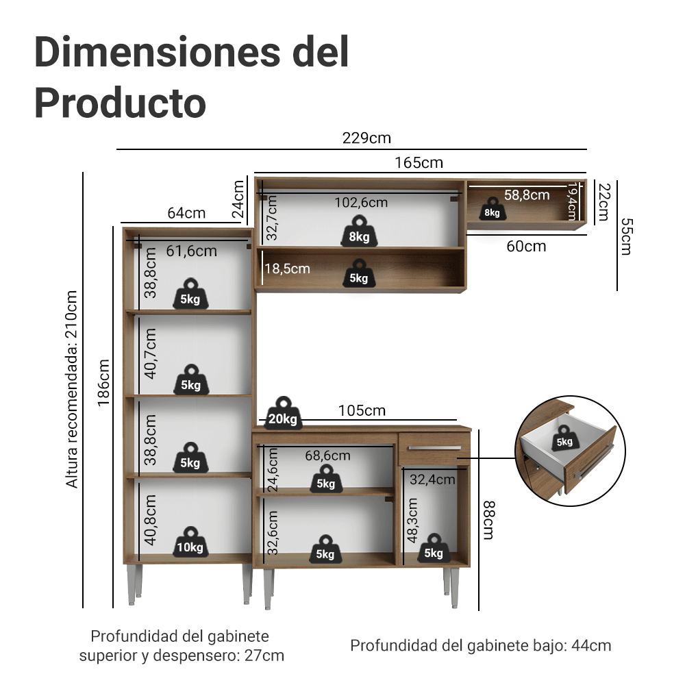 Cocina Integral Emilly 2.30 Metros Marrón/Gris 18