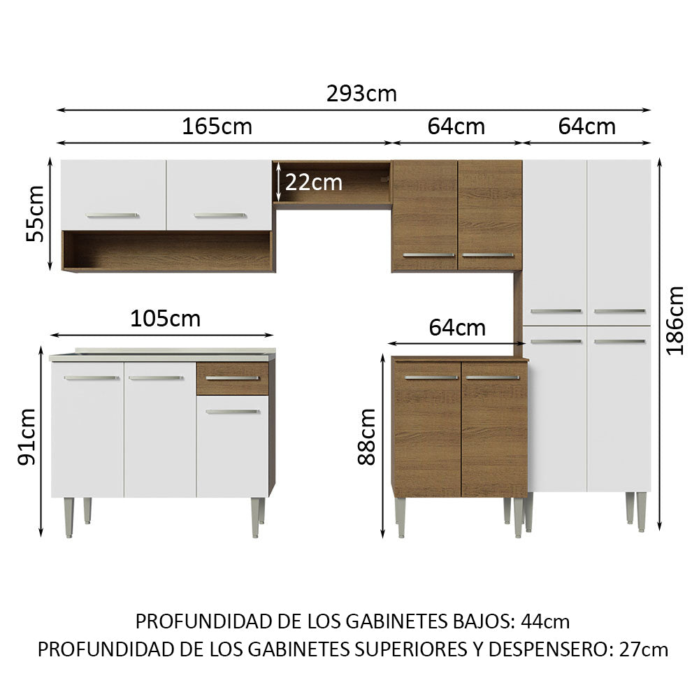Cocina Integral Emilly 293 cm con Mesón de Acero 09 Marrón/Blanco Madesa