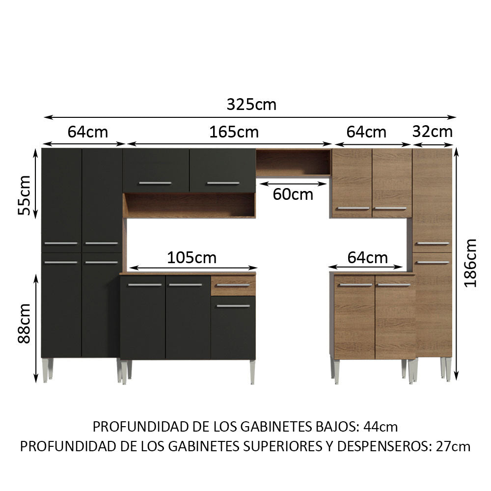 Cocina Integral Emilly 325 cm Joy Marrón/Negro Madesa