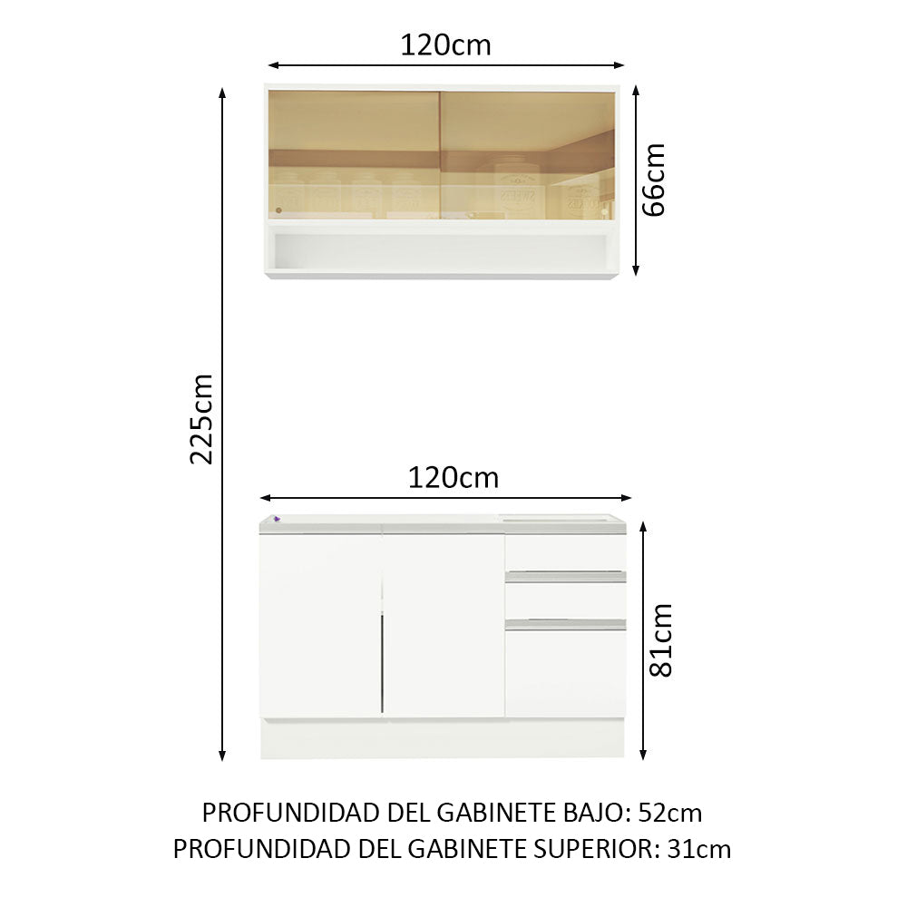 Cocina Integral Glamy 1.20 m con Mesón de Acero Blanco 02