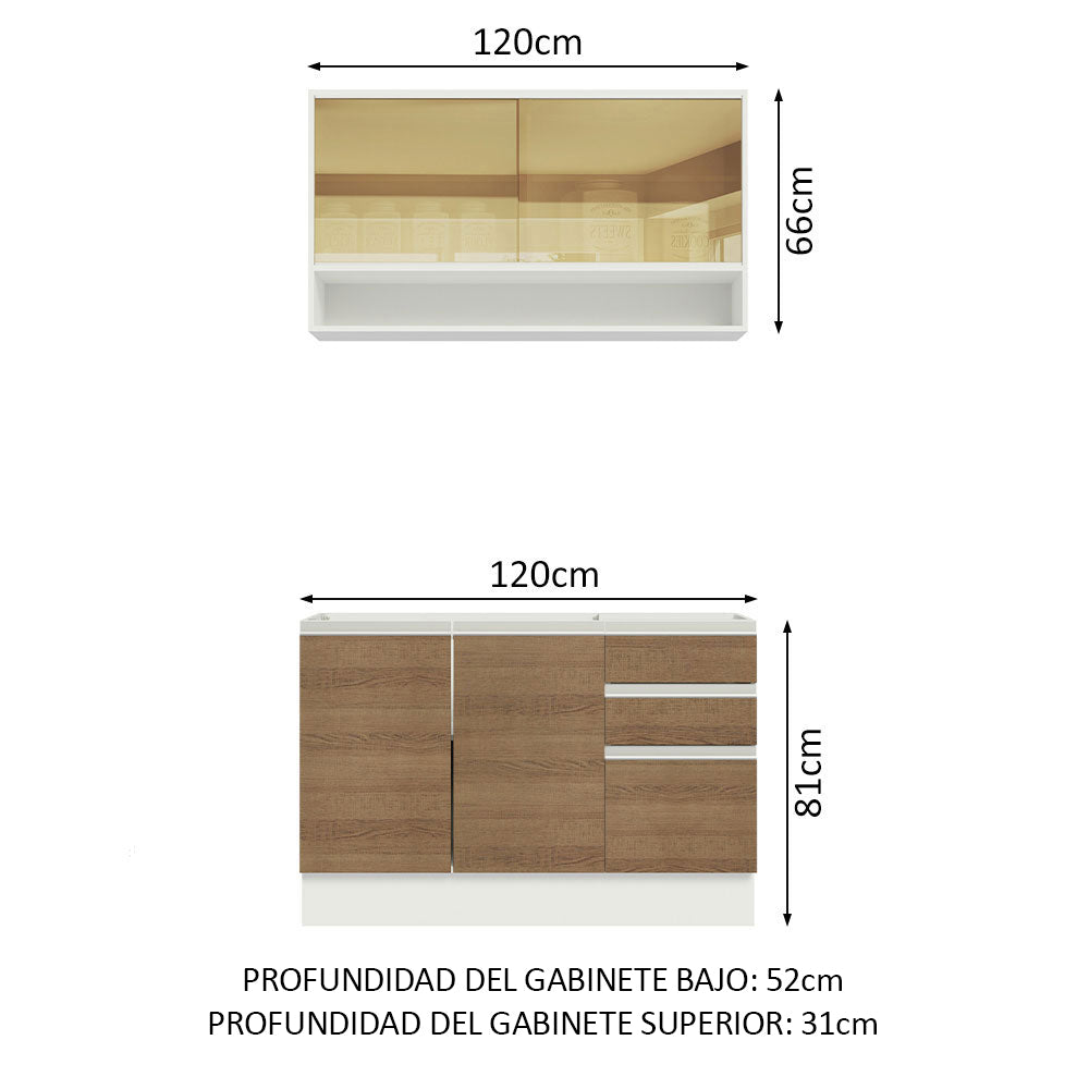 Cocina Integral Glamy 1.20 m con Mesón de Acero Blanco/Marrón 02