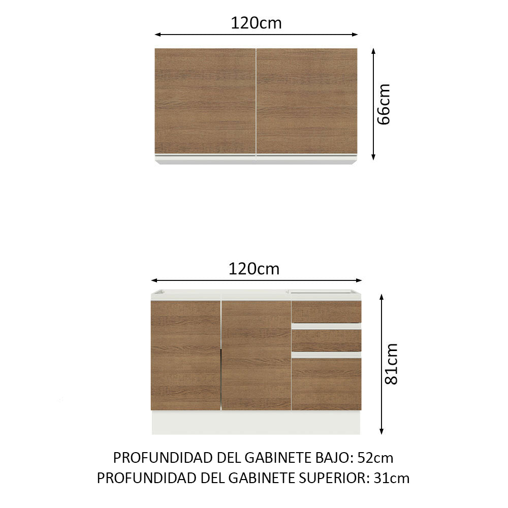 Cocina Integral Glamy 1.20 m con Mesón de Acero Blanco/Marrón 03