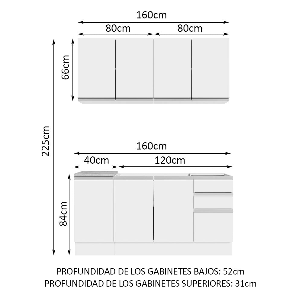 Cocina Integral Glamy 1.60 m con Mesón de Acero Blanco 01