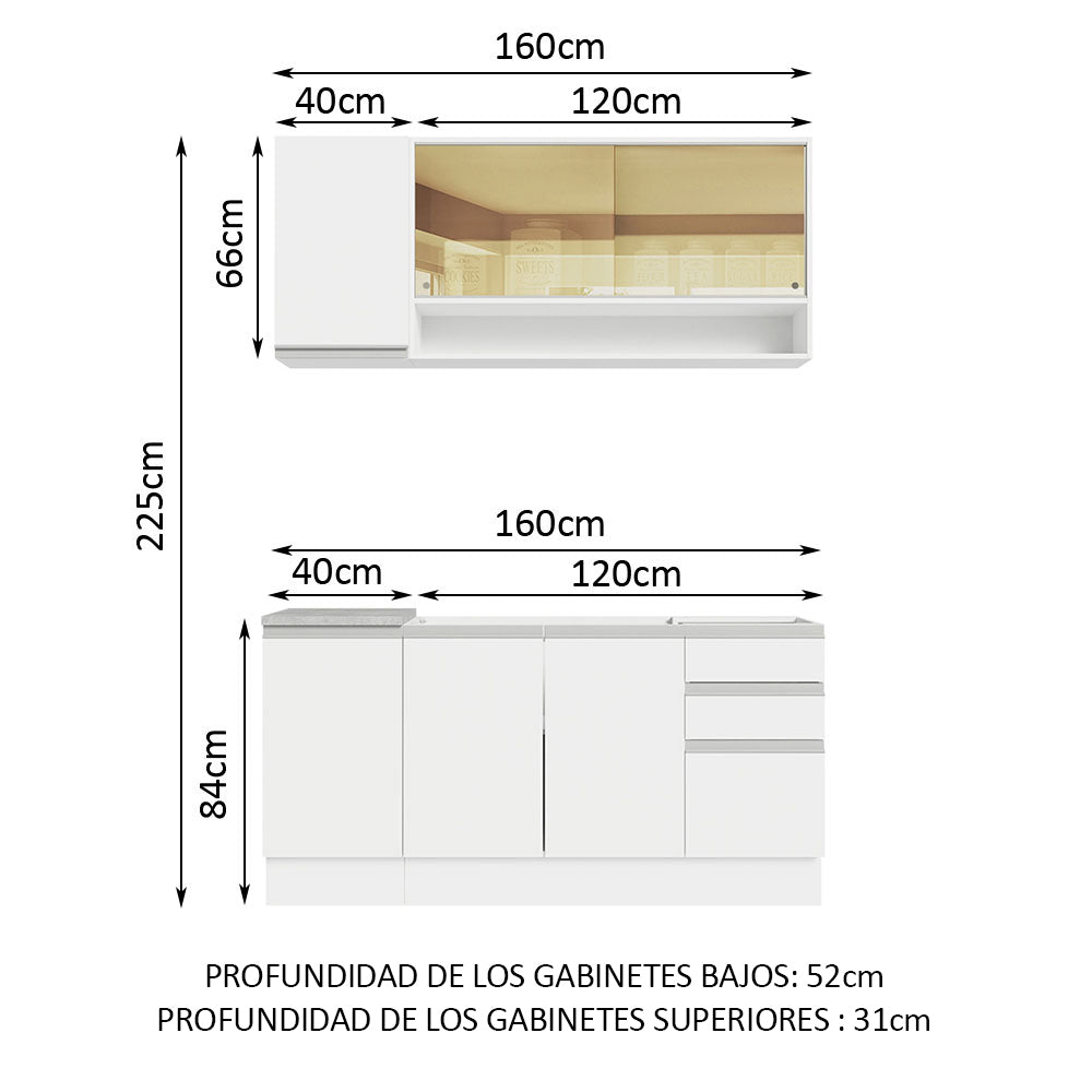 Cocina Integral Glamy 1.60 m con Mesón de Acero Blanco 02