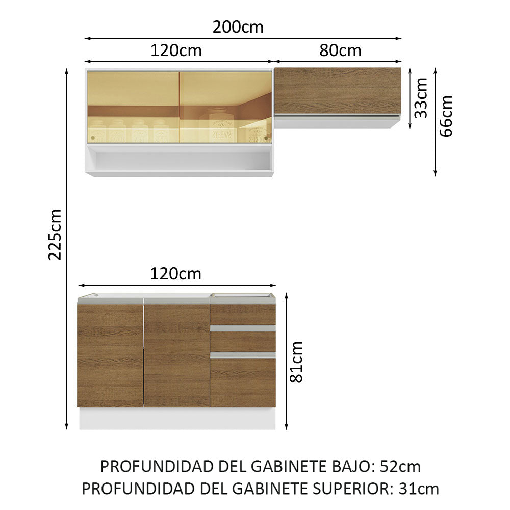 Cocina Integral Glamy 2.00 Metros Blanco/Marrón 08