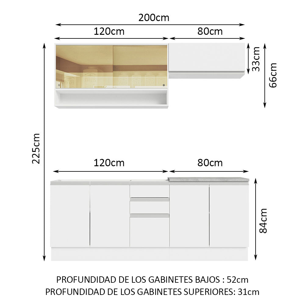 Cocina Integral Glamy 2.00 m con Mesón de Acero Blanco 09