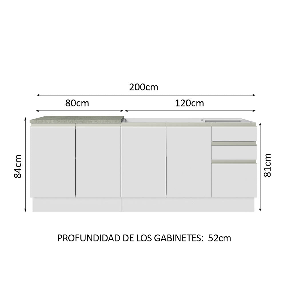 Kit 2 Muebles de Cocina Bajo Glamy 2.00 m con Mesón de Acero