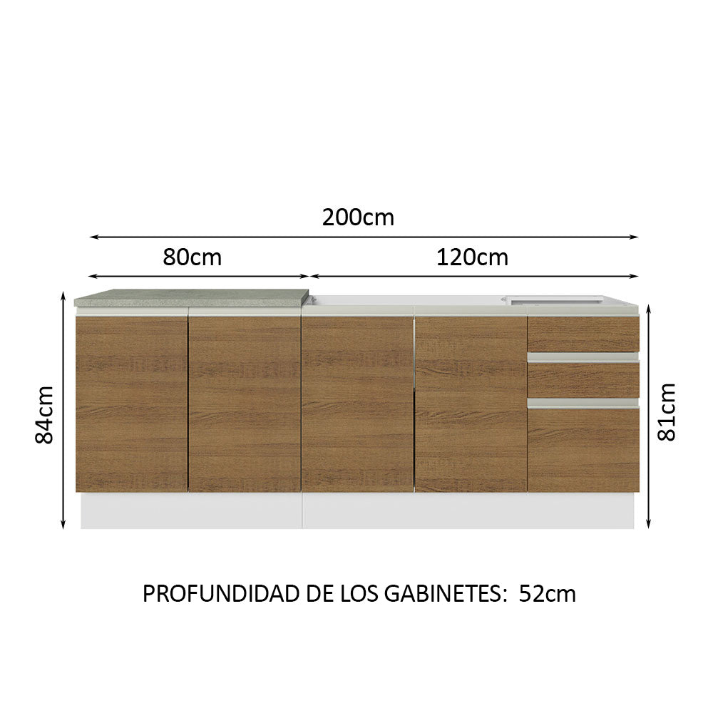 Kit 2 Muebles de Cocina Bajo Glamy 2.00 m con Mesón de Acero Blanco/Marrón