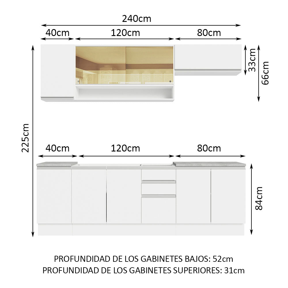 Cocina Integral Glamy 2.40 m con Mesón de Acero Blanco 03