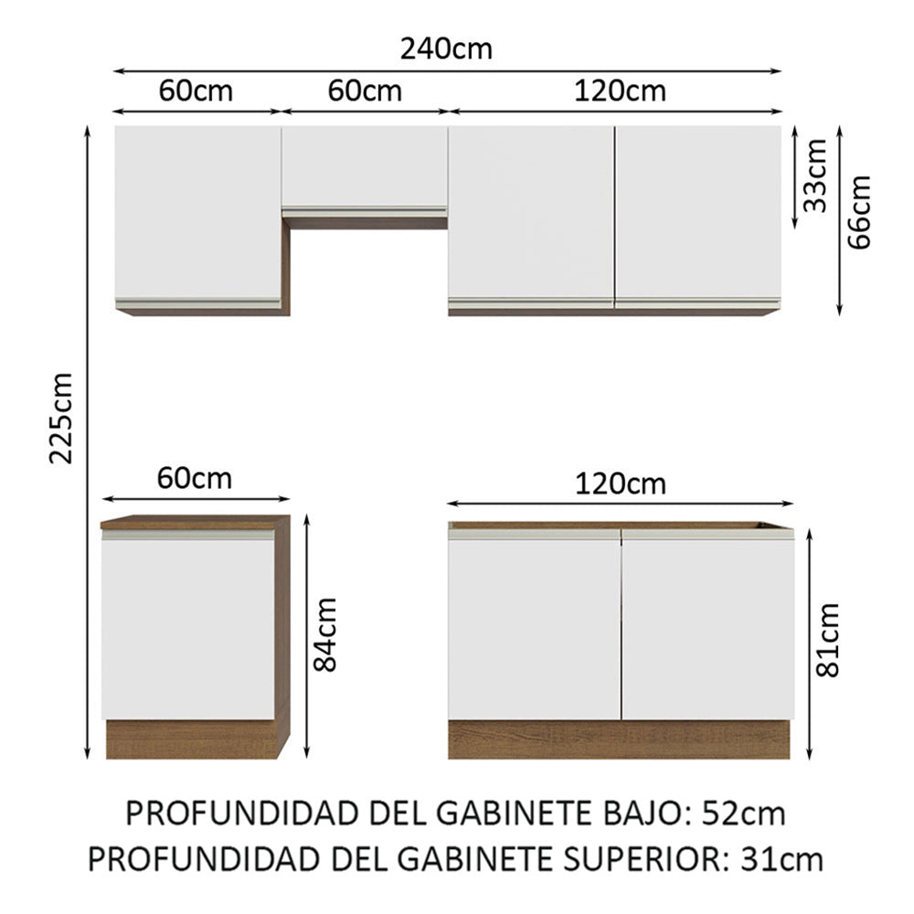 Cocina Integral Glamy 2.40 Metros Marrón/Blanco 09