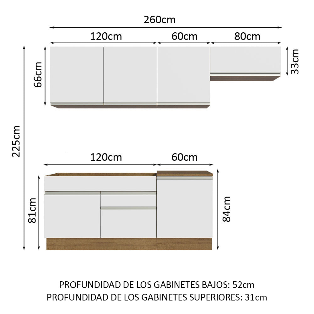 Cocina Integral Glamy 2.60 Metros Marrón/Blanco 03