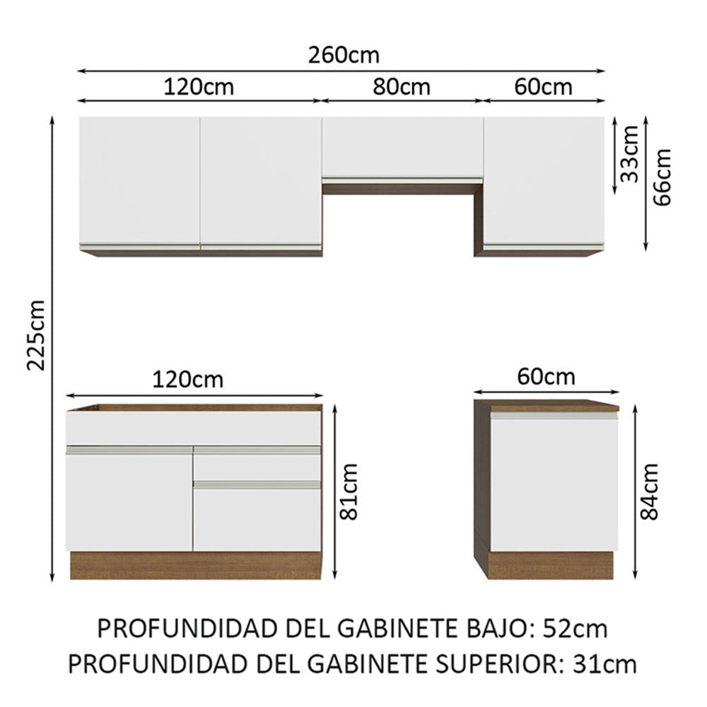 Cocina Integral Glamy 2.60 Metros Marrón/Blanco 04