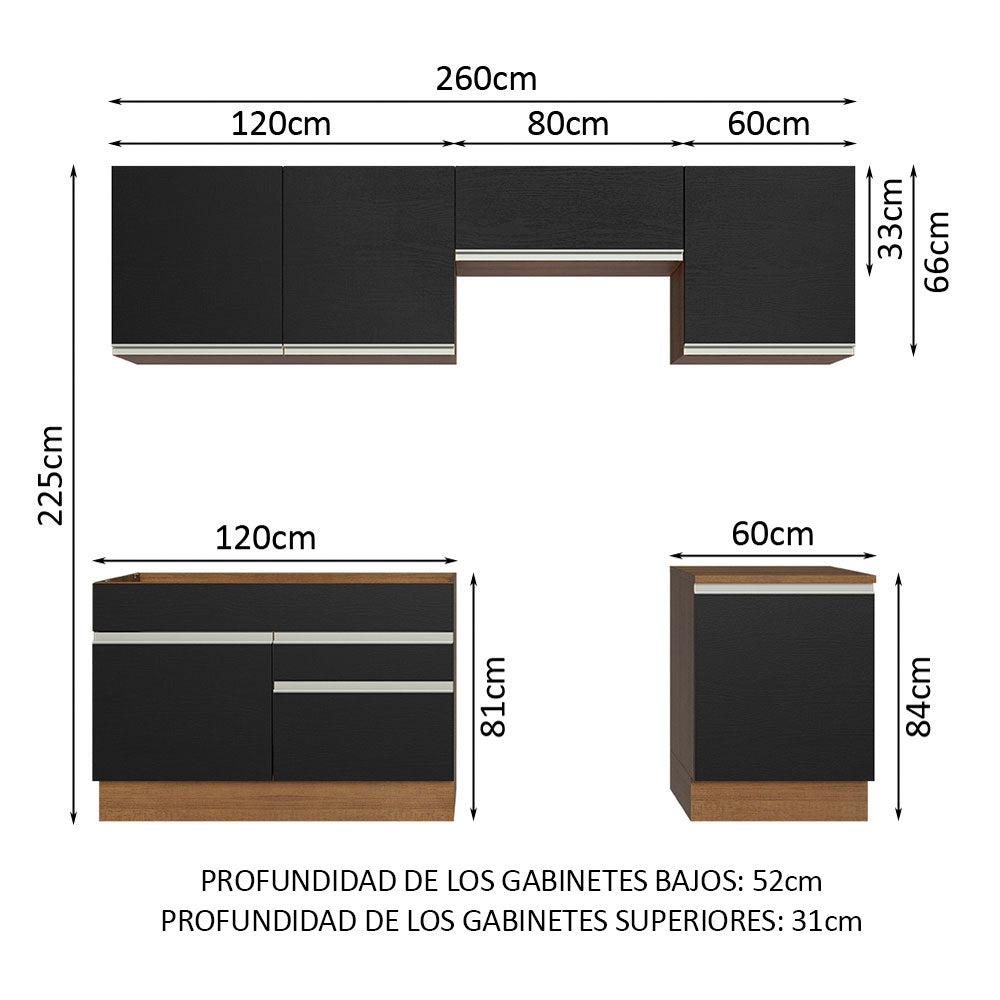 Cocina Integral Glamy 2.60 Metros Marrón/Negro 04