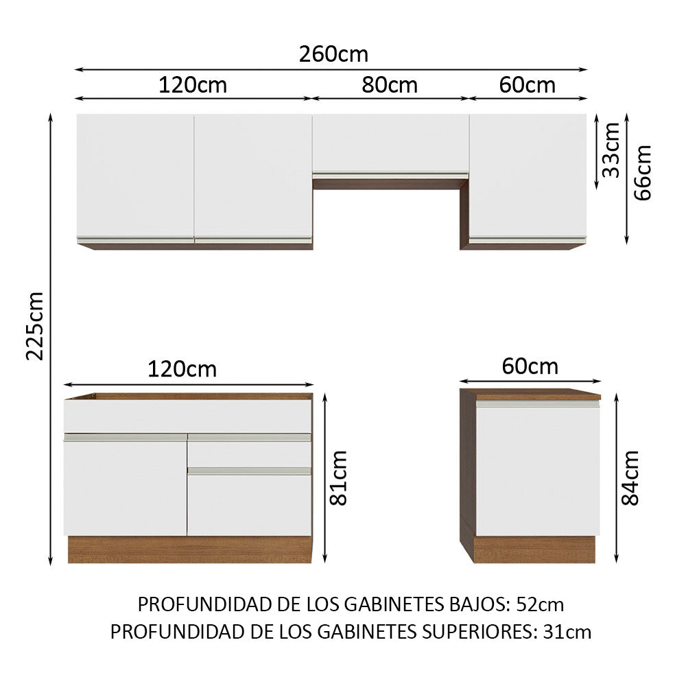 Cocina Integral Glamy 2.60 Metros Marrón/Blanco 05