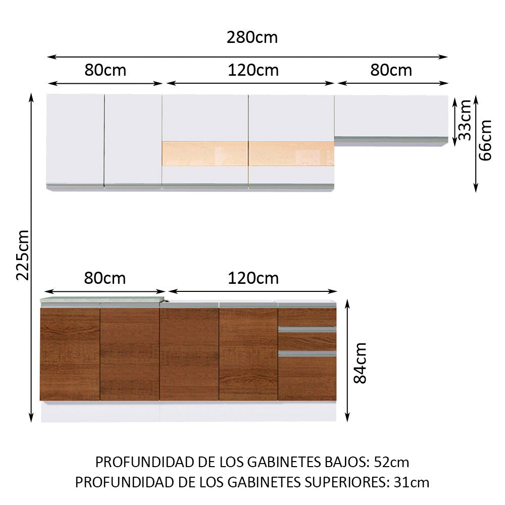 Cocina Integral Marcela 2.80 Metros Blanco/Marrón/Blanco