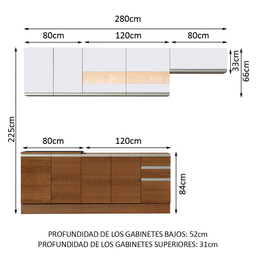 Cocina Integral Marcela 2.80 Metros Marrón/Marrón/Blanco