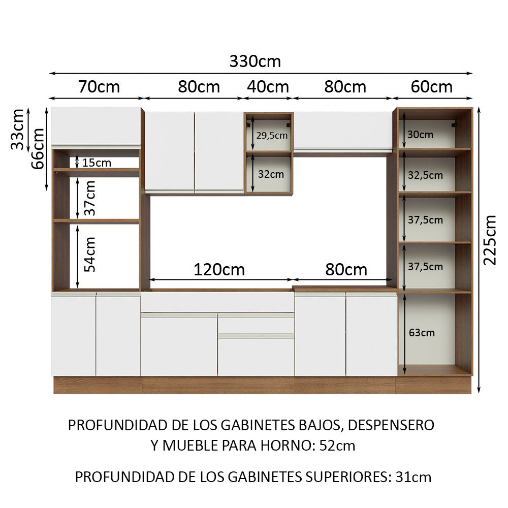 Cocina Integral Glamy 3.30 Metros Marrón/Blanco