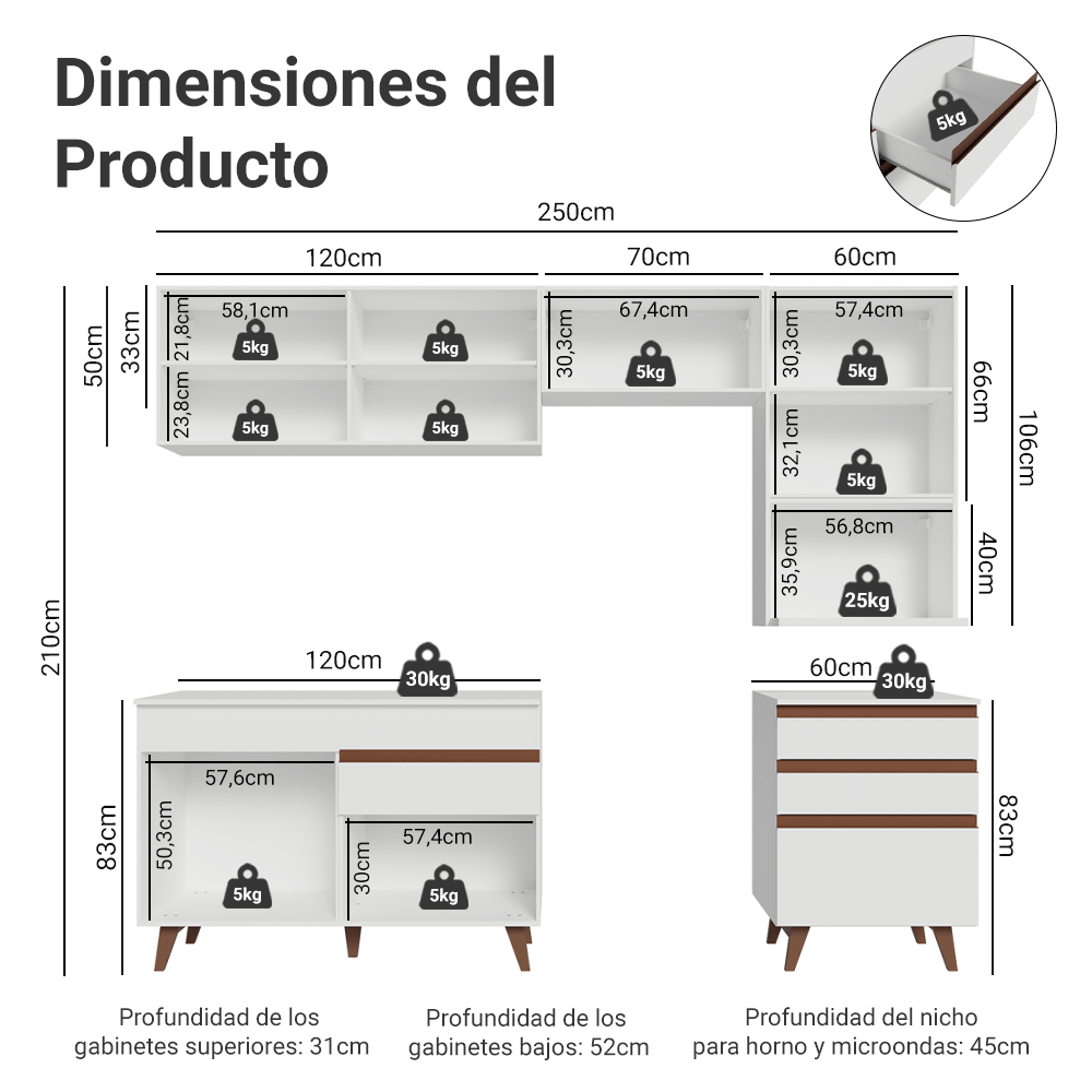 Cocina Integral Reims 2.50 m con Encimera Blanco 07