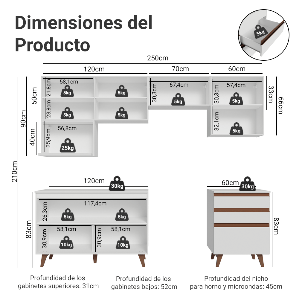 Cocina Integral Reims 2.50 m con Encimera Blanco 09