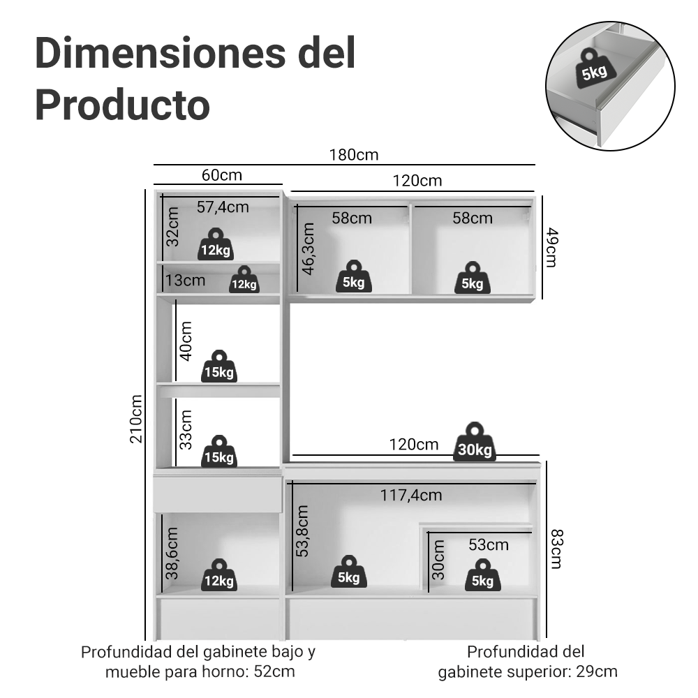 Cocina Integral Diamante Pop 1.80 m con Encimera Blanco