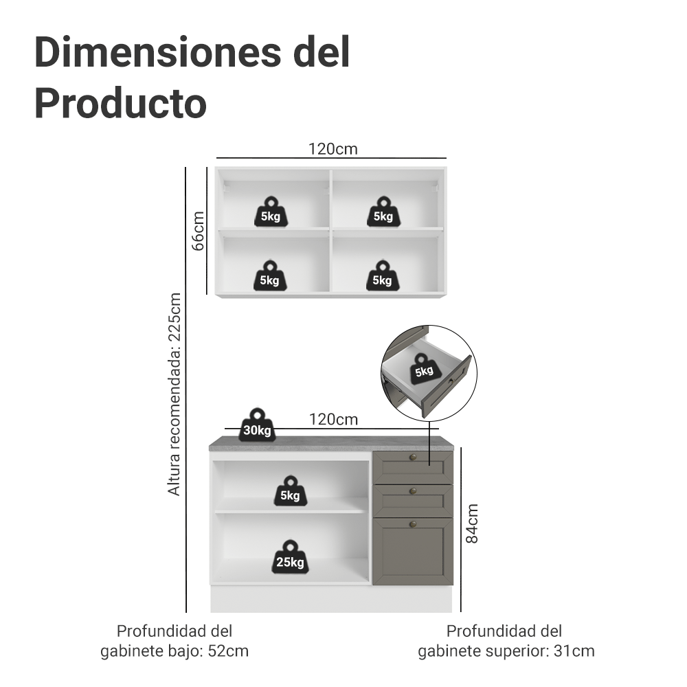 Cocina Integral Vik 1.20 Metros con Encimera Blanco/Gris 01