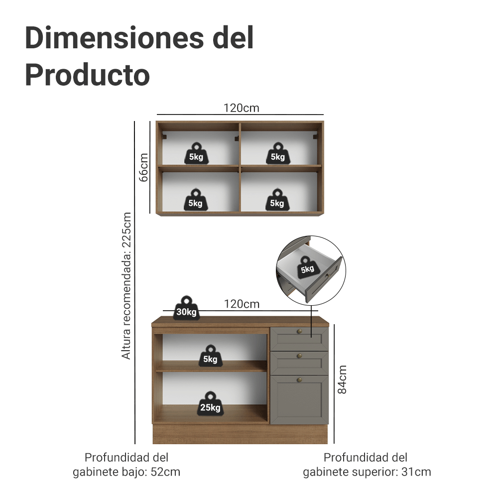 Cocina Integral Vik 1.20 Metros con Encimera Marrón/Gris 01