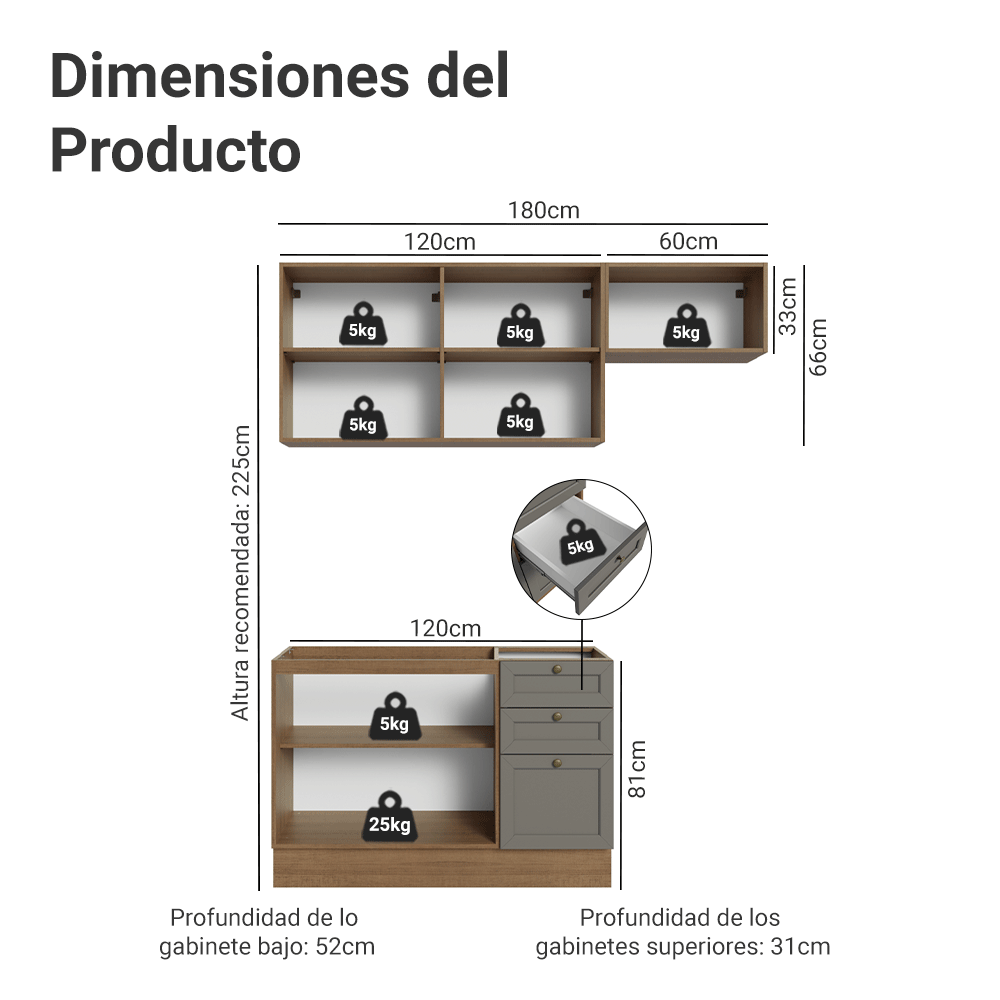 Cocina Integral Vik 1.80 Metros Marrón/Gris 02