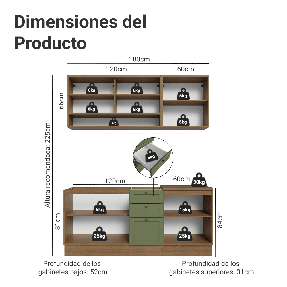 Cocina Integral Vik 1.80 Metros Marrón/Verde 04