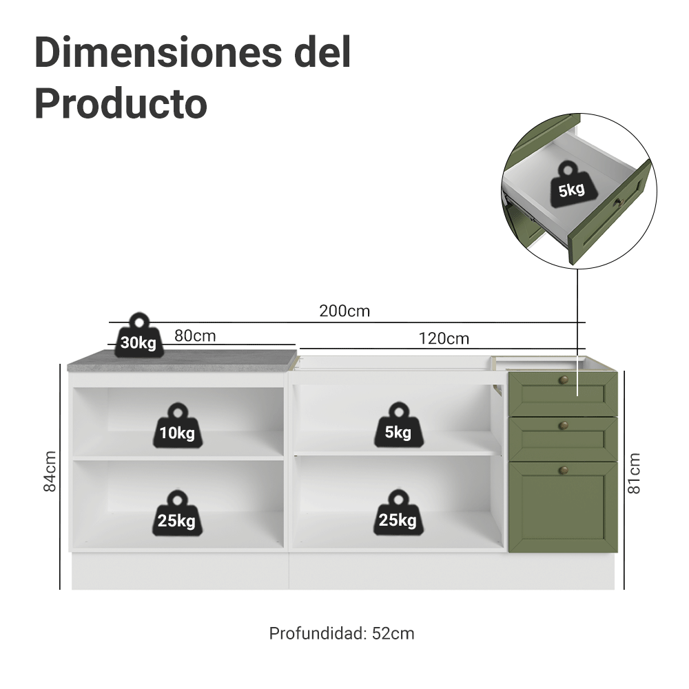Kit 2 Muebles de Cocina Bajo Vik 2.00 m Blanco/Verde 01