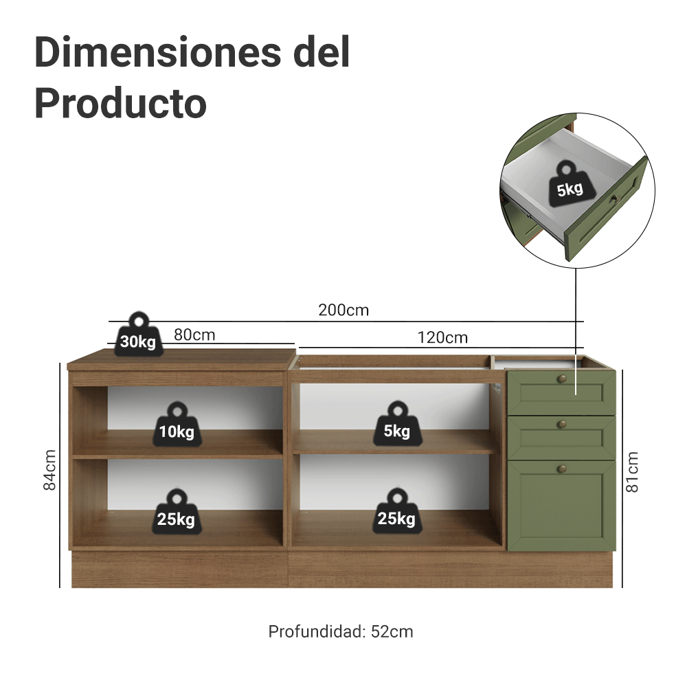Kit 2 Muebles de Cocina Bajo Vik 2.00 m Marrón/Verde 01