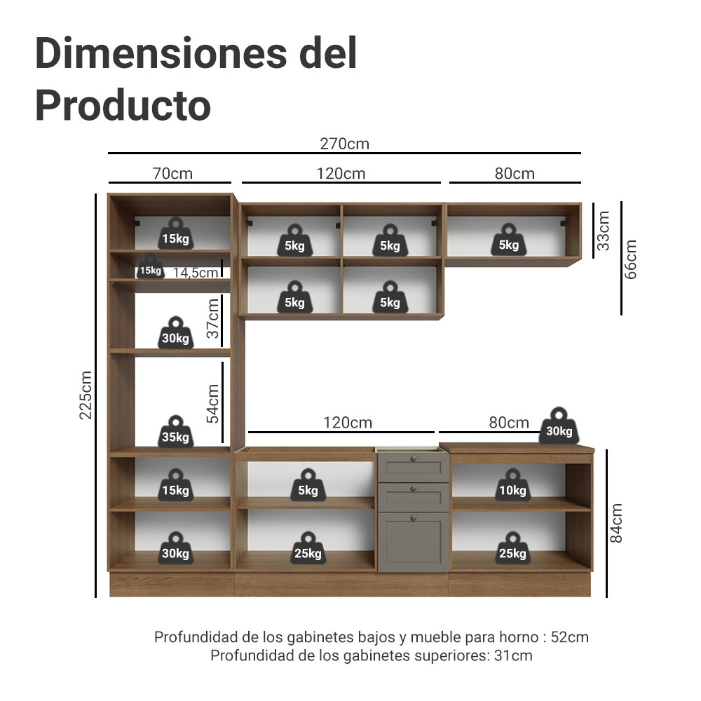 Cocina Integral Vik 2.70 Metros Marrón/Gris 01