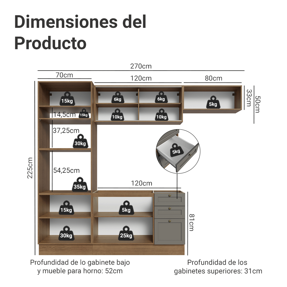 Cocina Integral Vik 2.70 Metros Marrón/Gris 03