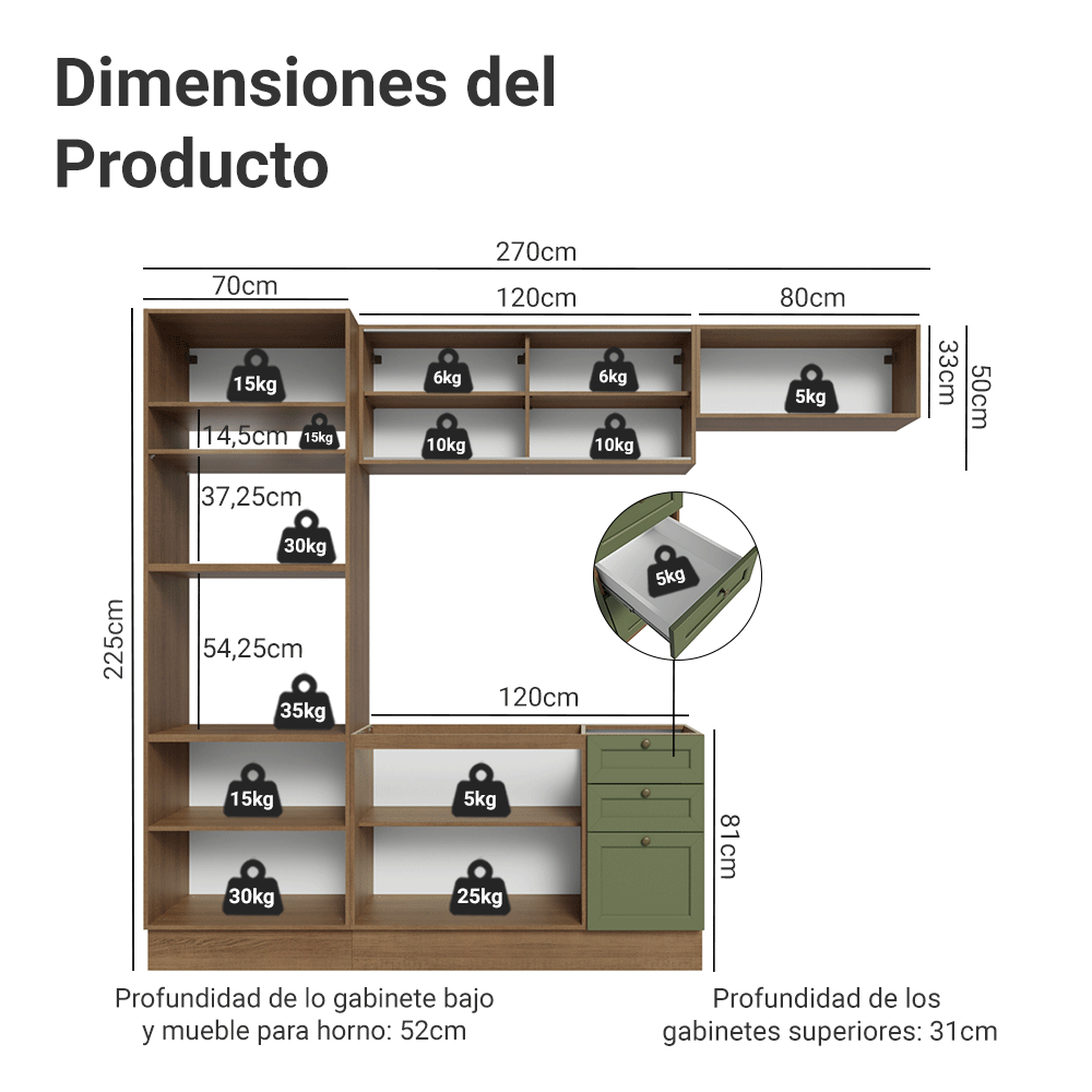 Cocina Integral Vik 2.70 Metros Marrón/Verde 03