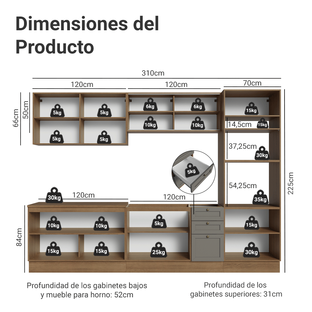 Cocina Integral Vik 3.10 Metros Marrón/Gris 01