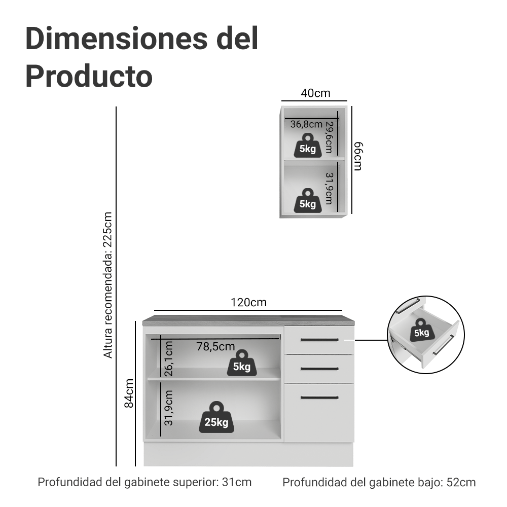 Conjunto de Mueble para Baño Agata 1.20 m 3 Puertas 3 Cajones Blanco