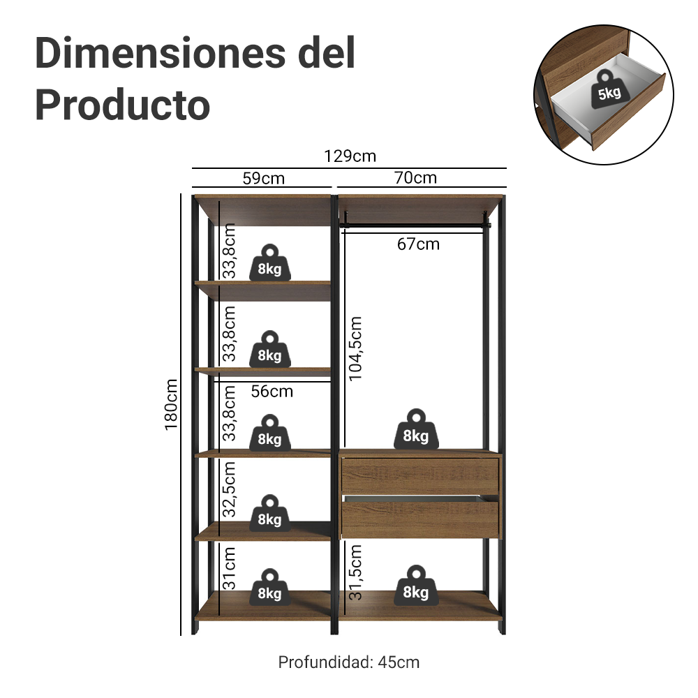 Clóset Modulado Abierto Valencia 2 Cajones 7 Niveles Marrón/Negro 180 cm x 129 cm x 45 cm