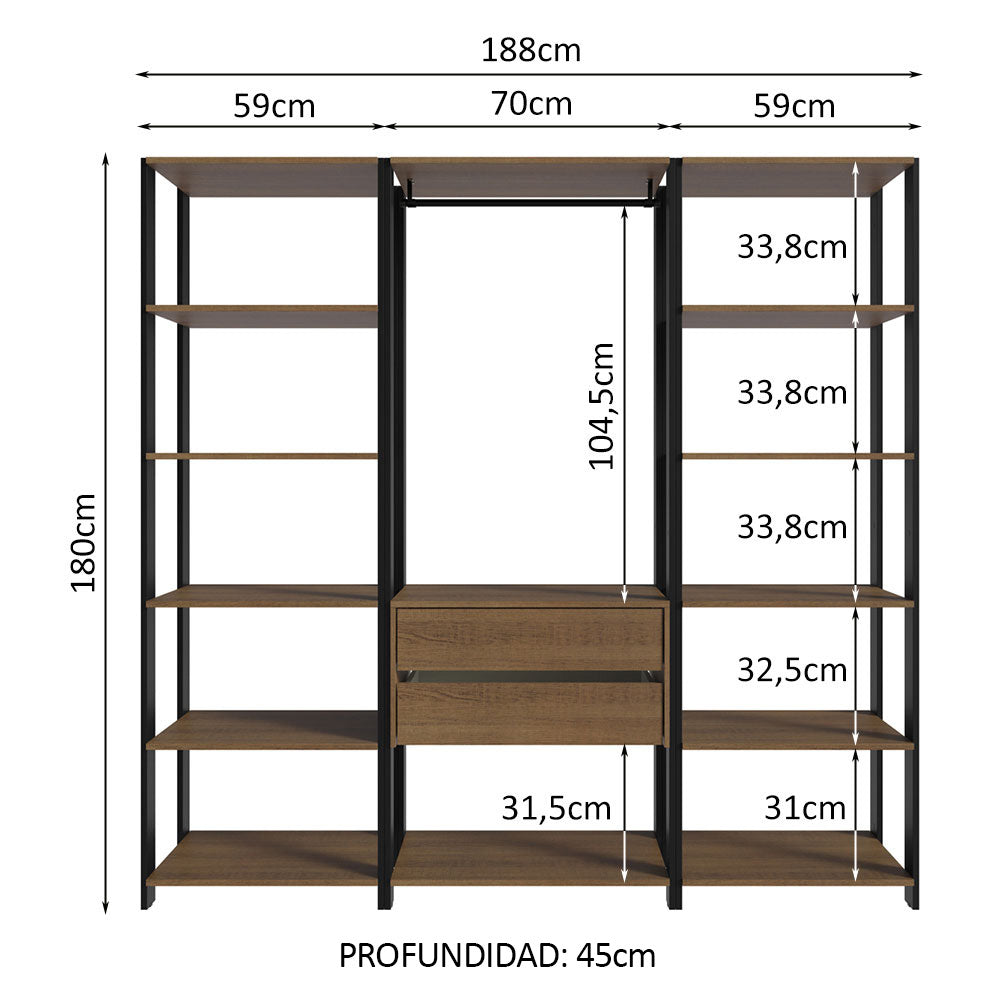 Clóset Modulado Abierto Valencia 180 cm x 188 cm x 45 cm Marrón/Negro 01