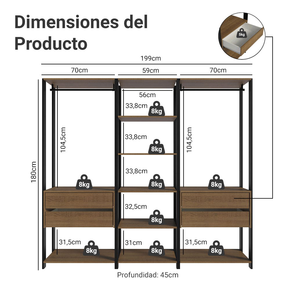 Clóset Modulado Abierto Valencia 180 cm x 199 cm x 45 cm Marrón/Negro 02