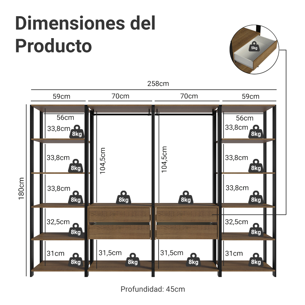 Clóset Modulado Abierto Valencia 4 Cajones 14 Niveles 180 cm x 258 cm x 45 cm Marrón/Negro 01