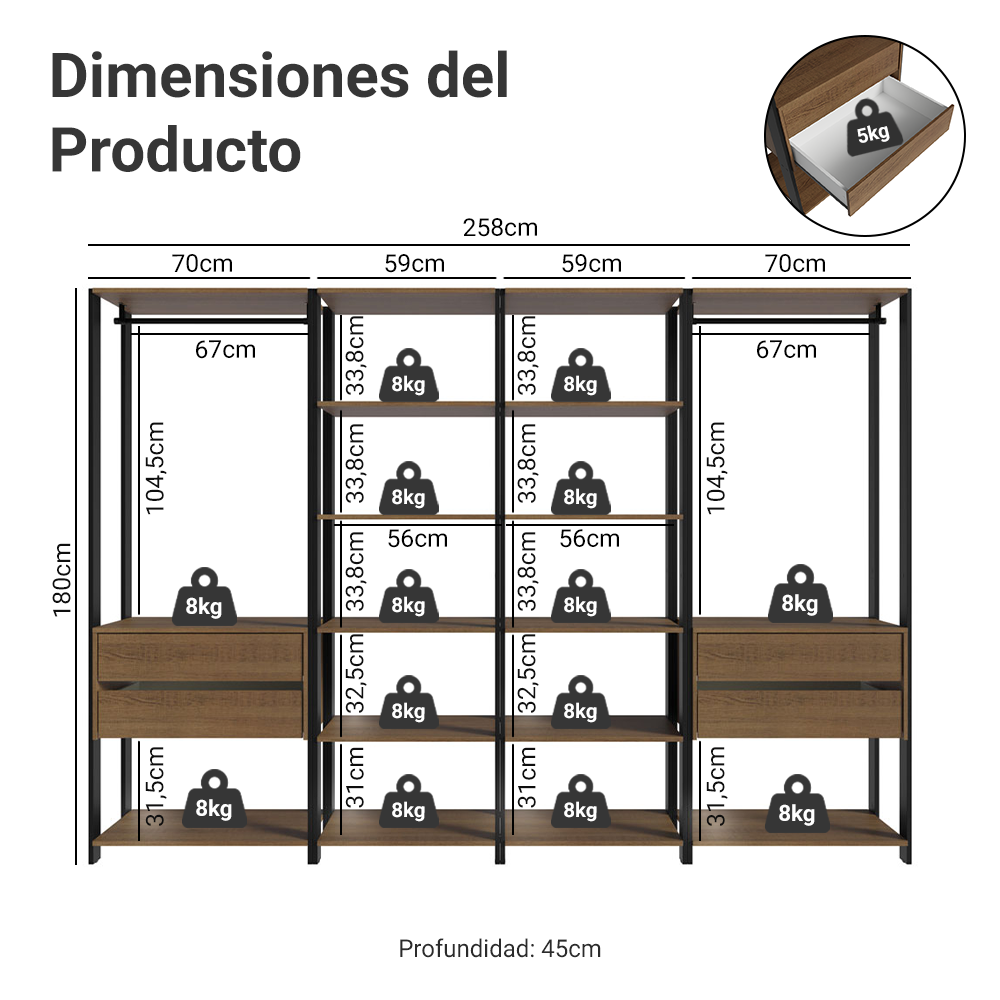 Clóset Modulado Abierto Valencia 4 Cajones 14 Niveles 180 cm x 258 cm x 45 cm Marrón/Negro 02