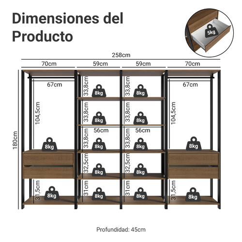 Closet Modulado Abierto Valencia 258 cm 4 Cajones 14 Niveles Marrón/Negro 02 Madesa