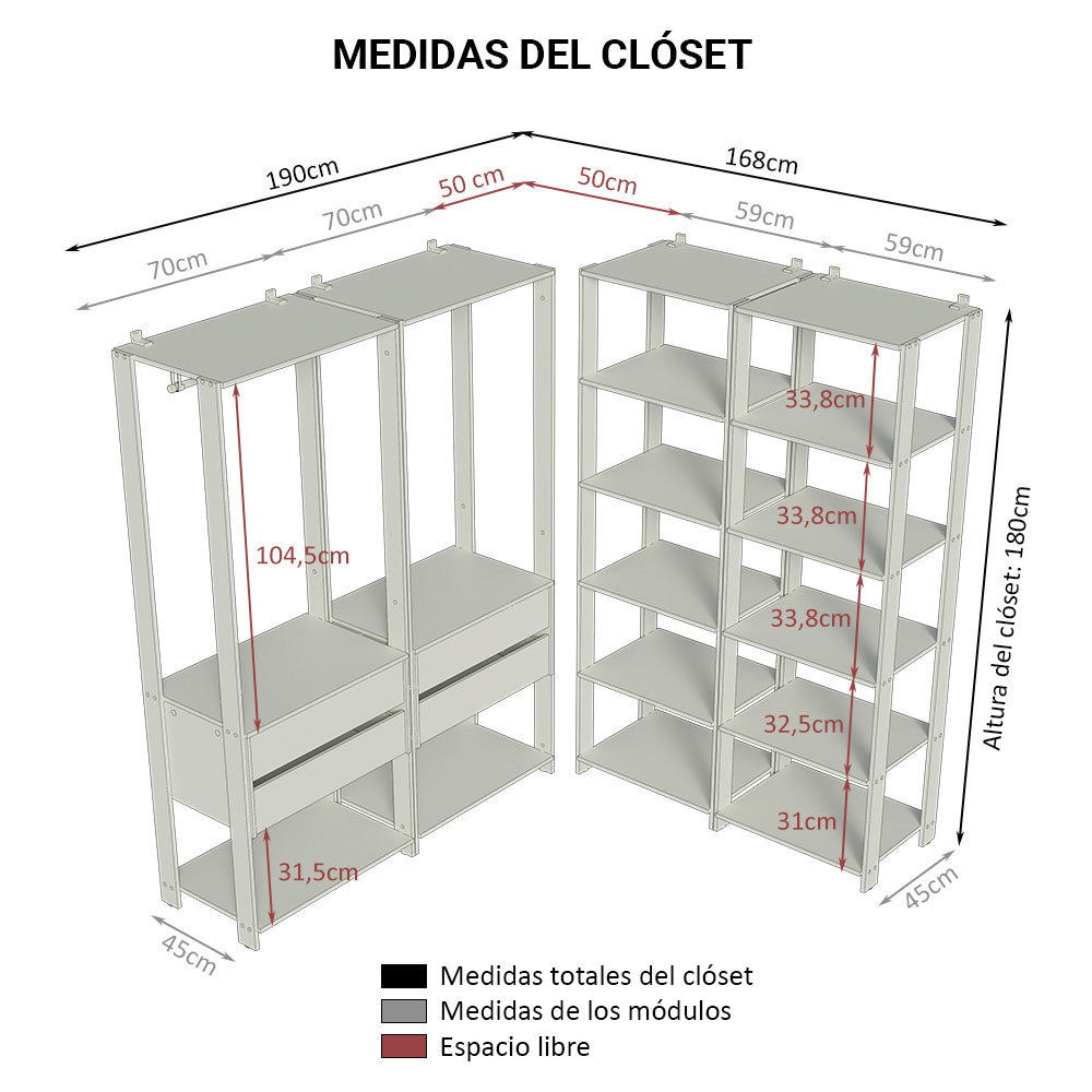 Clóset Modulado Abierto Valencia 4 Cajones 14 Niveles 180 cm x 258 cm x 45 cm Marrón/Negro 03