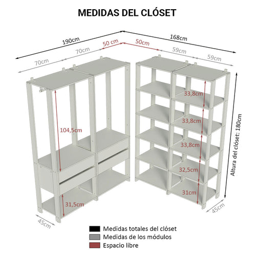 Closet Modulado Abierto Valencia 258 cm 4 Cajones 14 Niveles Marrón/Negro 03 Madesa