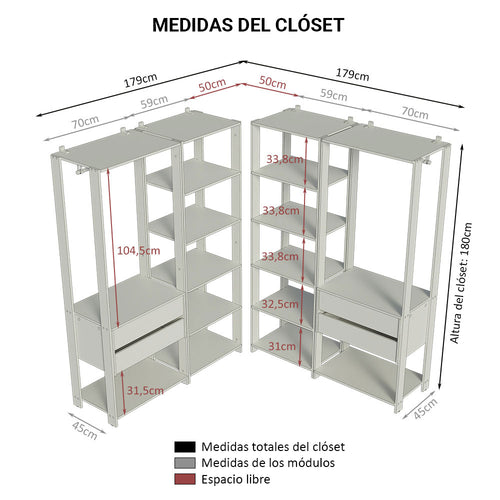Closet Modulado Abierto Valencia 258 cm 4 Cajones 14 Niveles Marrón/Negro 04 Madesa