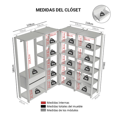 Closet Modulado Abierto Valencia 247 cm 2 Cajones 17 Niveles Marrón/Negro 05 Madesa