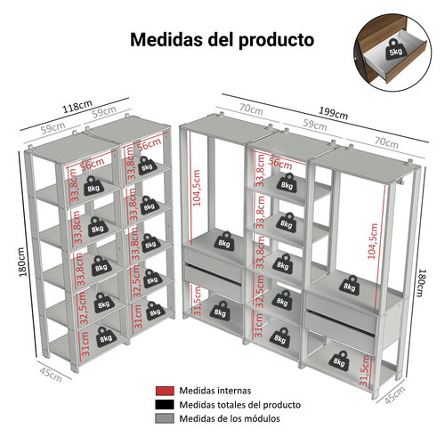 Closet Modulado Abierto Valencia 317 cm 4 Cajones 19 Niveles Marrón/Negro 01 Madesa